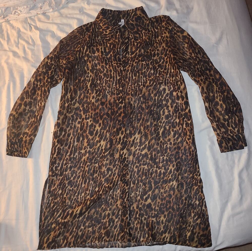 Live 4 Truth Leopard Print Sheer Shirt Dress Size M Long Sleeve Button Up